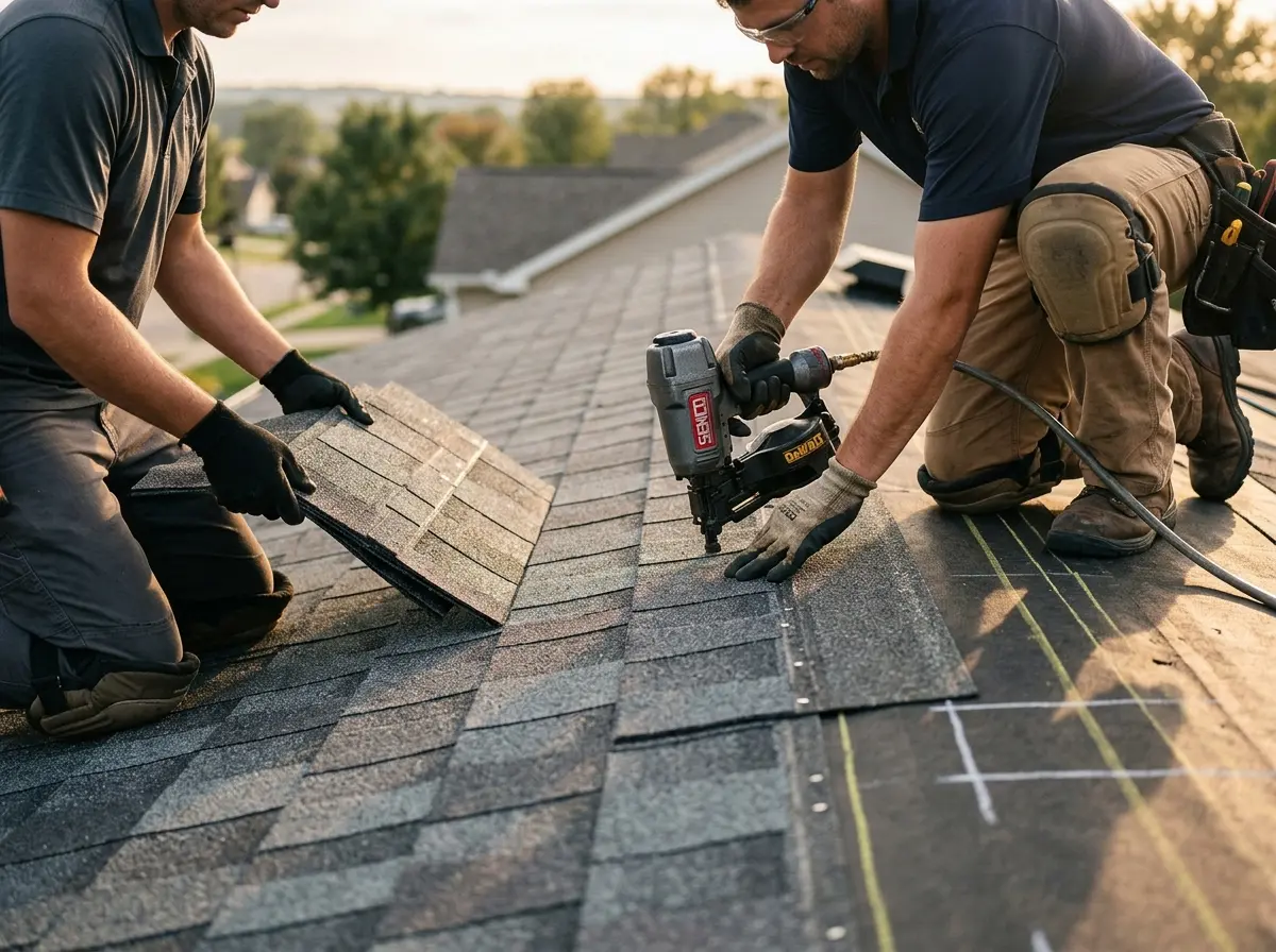 Professional roofer working on a residential roof in Crockett